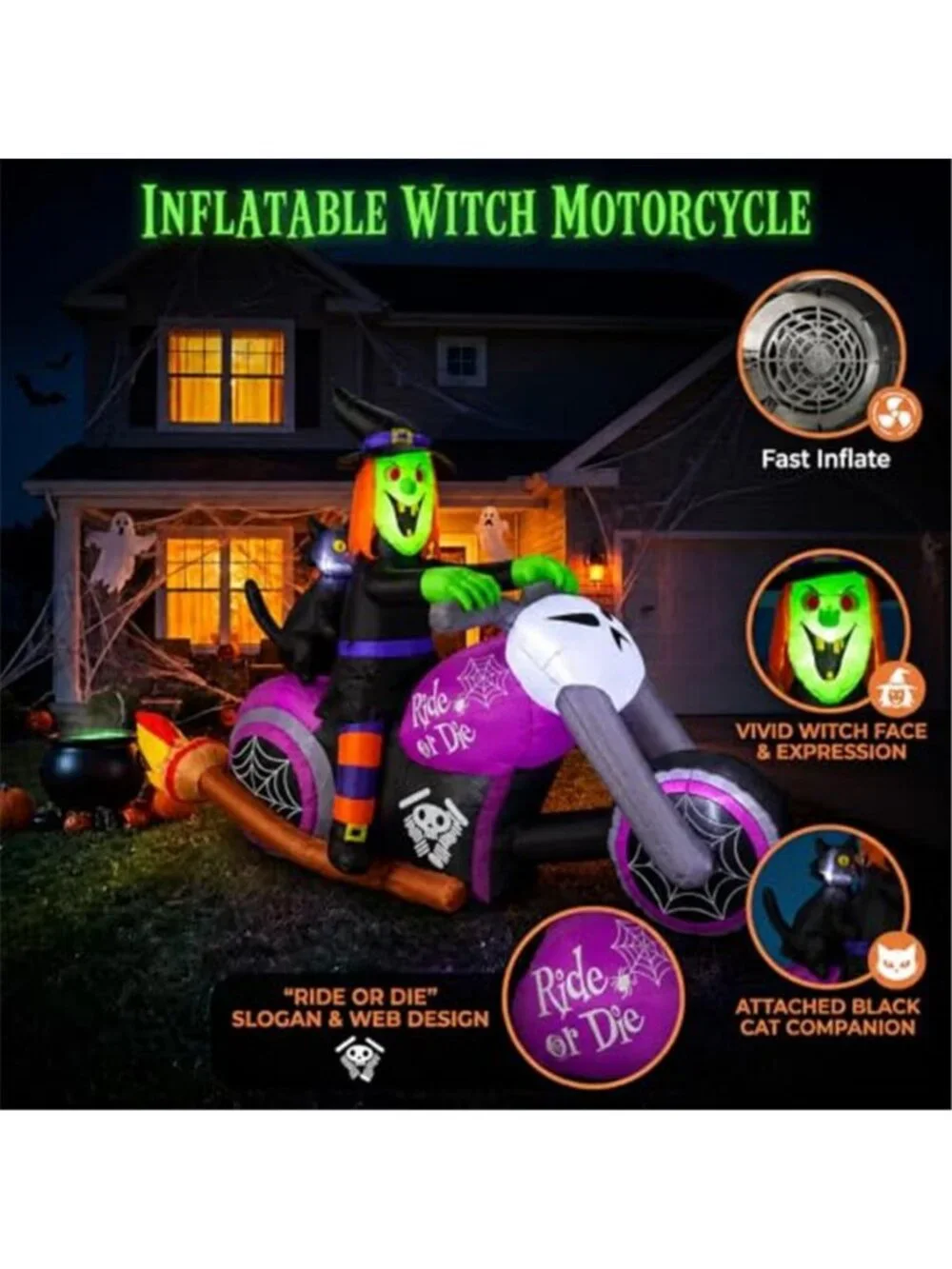 7FT Gaint Halloween Inflatables Witch on Motorcycle with Black Cat,Blow Up